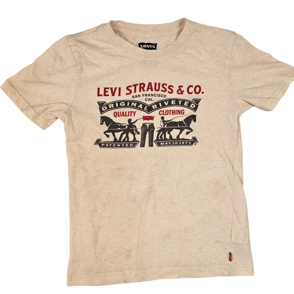 Levi Strauss & Co Boys Graphic T-Shirt Oatmeal Beige Two Horse Logo Size 8